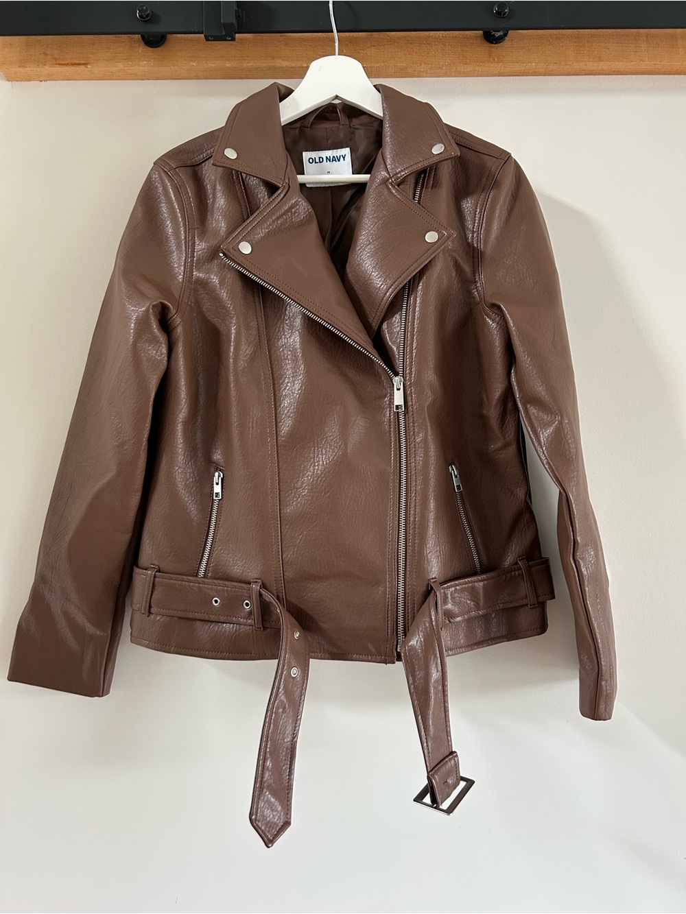Old Navy Chocolate Brown Faux Leather Moto Jacket with Belt